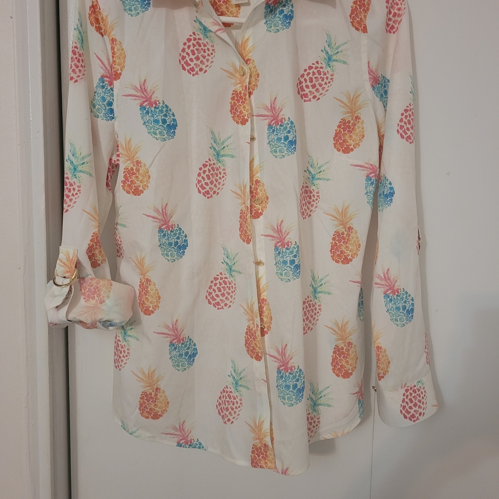 Chico's Long Sleeve Tab Sleeve Button Front Pineapple Print Shirt